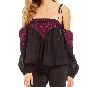 Free People Black Off-Shoulder Peasant Top with Magenta Embroidery